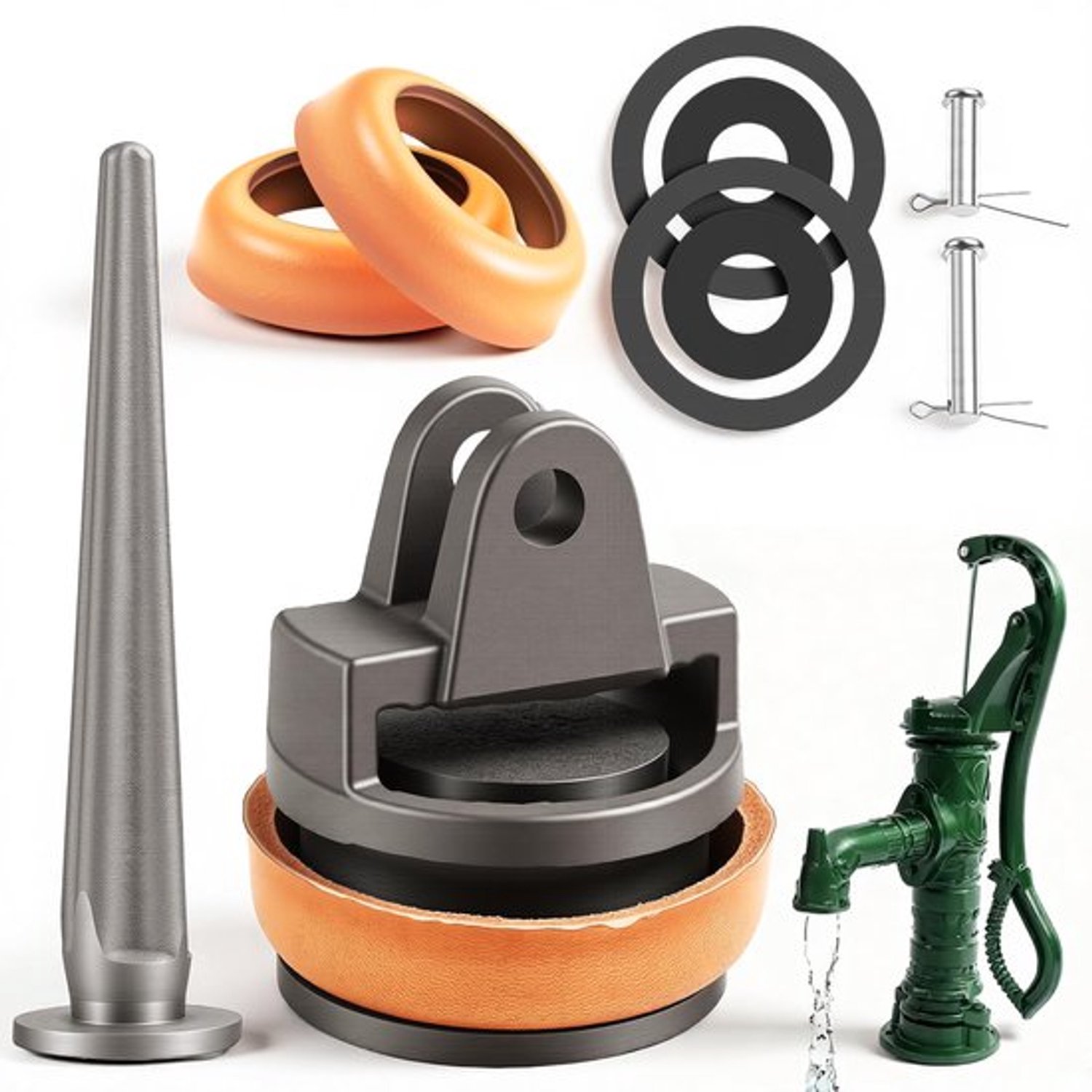 Handpomp, type 75, complete reservezuigerset met lederen manchet, afdichtring, pennen en verzinkte stang voor waterpompen, reserveonderdelen, pompafdichting, handpompen, tuinpomp