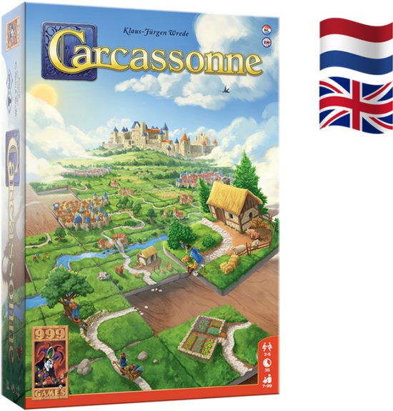 Speldoos van Carcassonne met een landschap van wegen en velden, met vlaggen voor Nederlands en Engels.