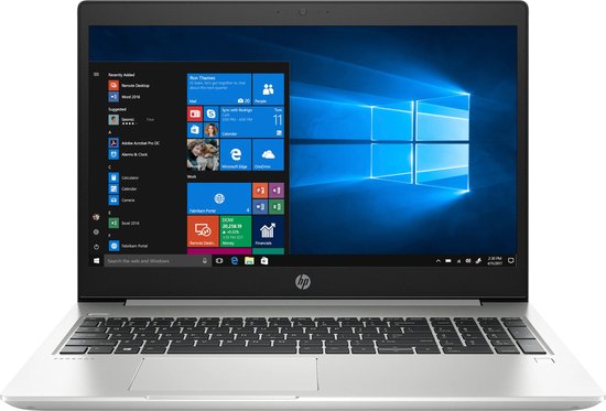 HP ProBook laptop van voren met open scherm, Windows 10 bureaublad en zwart toetsenbord.