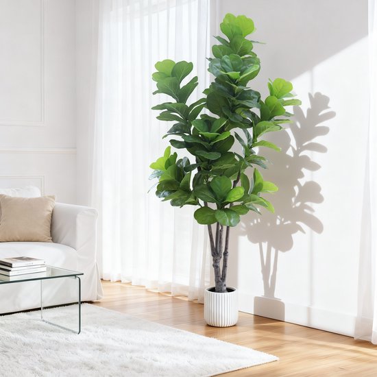Kunstmatige Fiddle Leaf Fig Boom 213 cm – 7 ft – Meerstammig – Met Witte Pot & Sierkiezels – Realistische Zijden Bladeren – Onderhoudsvrij – Voor Woonkamer, Kantoor, Hal & Entree