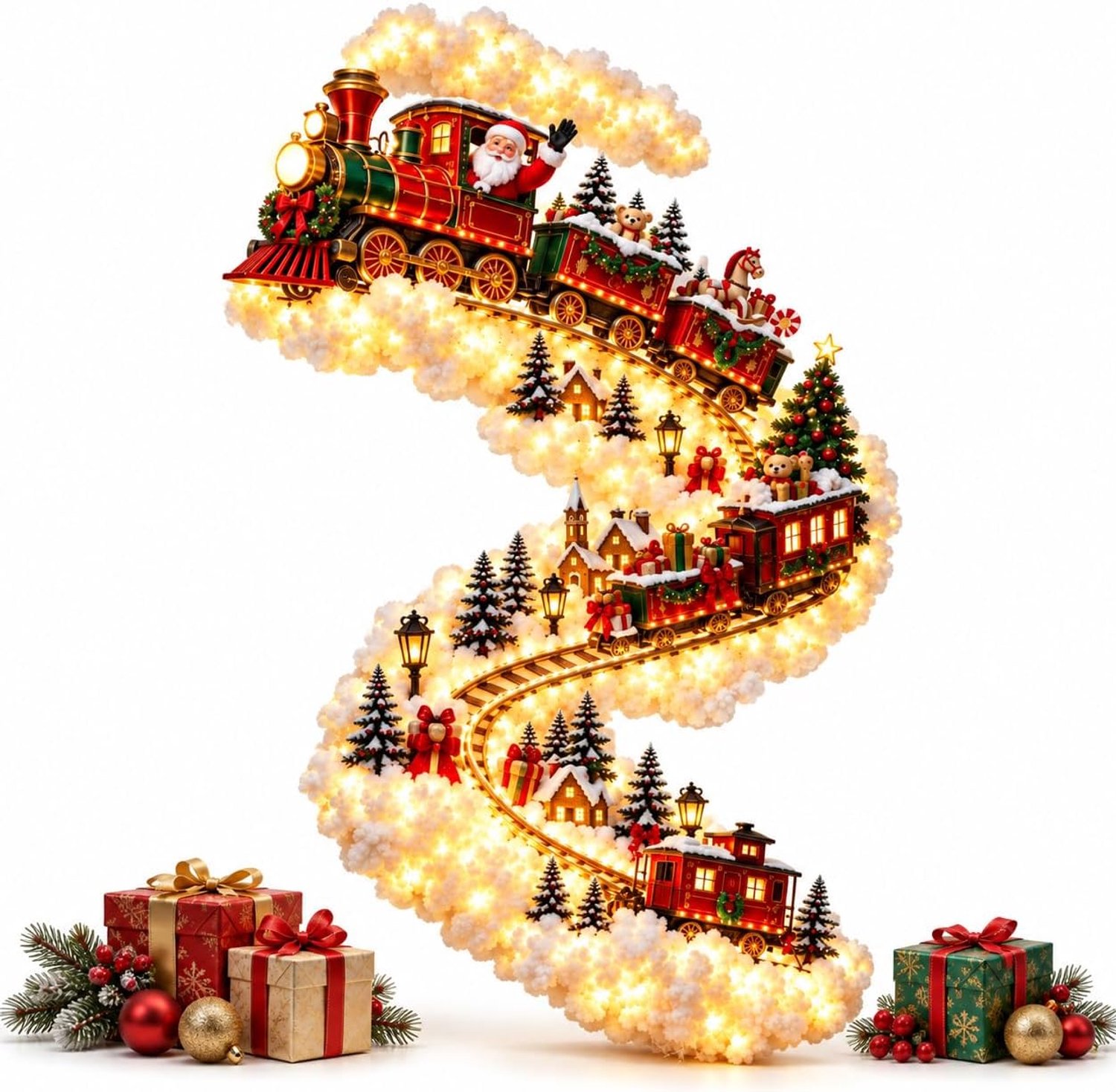 Kerstwandlamp - Warm wit LED - Verticale kerstwandlamp - Hangende decoratie met kerstman en trein - Waterval LED-wandlamp - Decoratieve kerstverlichting - Feestelijke sfeer - Kerstdecoratie - 44*88 cm - Ontwerp met kersttrein - Rood + Groen