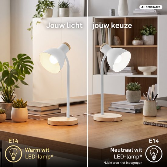 Twee witte bureaulampen op een houten tafel met warm wit en neutraal wit licht.