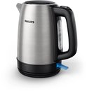 Bouilloire Philips en acier inoxydable avec détails noirs, indicateur de niveau d'eau et interrupteur bleu.
