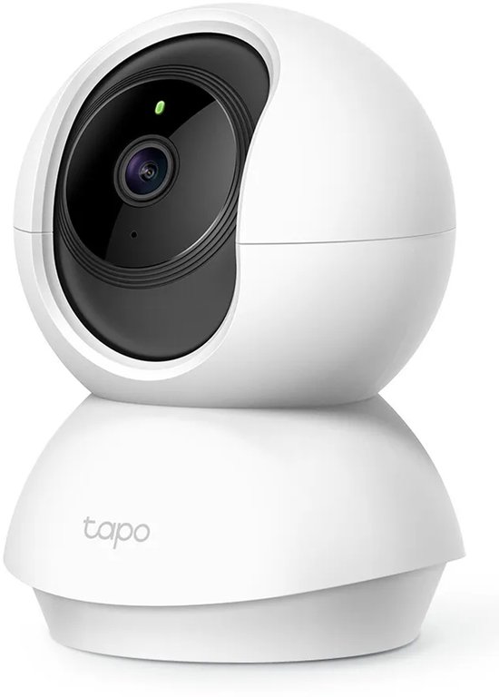 Witte Tapo beveiligingscamera voor binnen met een draaibare bolvormige lens en groen indicatielampje.