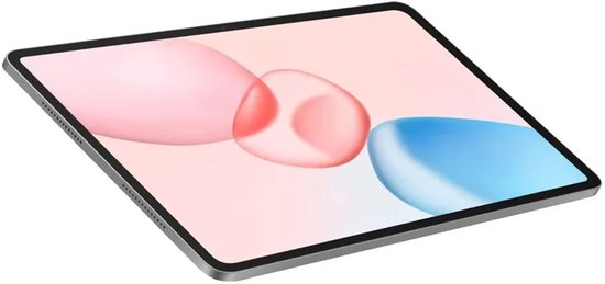 Zilvergrijze HONOR-tablet schuin geplaatst, met een kleurrijk roze en blauw abstract behang op het scherm.