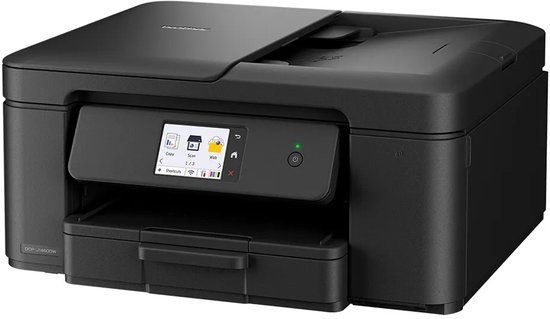 Zwarte Brother DCP-J1460DW multifunctionele printer in schuin aanzicht met aanraakscherm en aan/uit-knop.