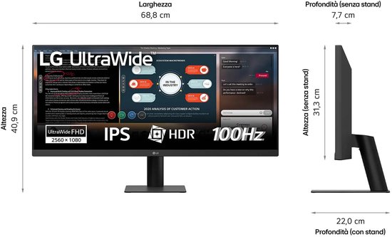 Overzicht met afmetingen van de zwarte 29-inch LG UltraWide FHD-monitor met IPS en 100Hz.