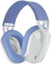 Witte Logitech G435 draadloze gamingheadset met blauwe stoffen hoofdband en oorkussens.