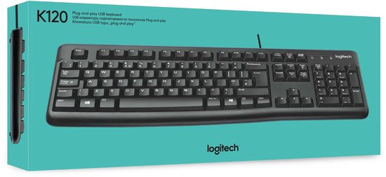 Logitech K120 toetsenbord in een blauwe verpakking.