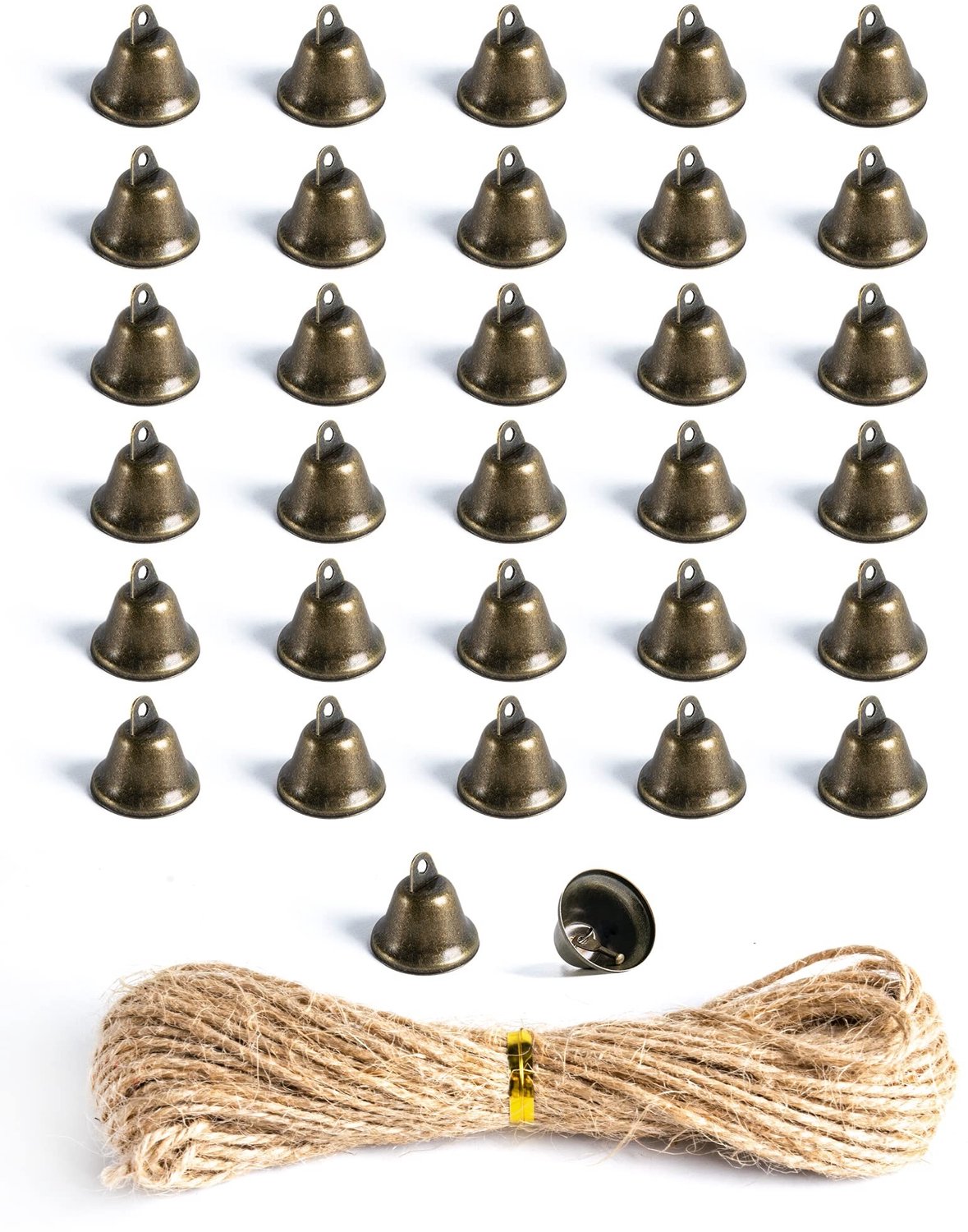 Set van 32 Mini Bronzen Belletjes met Jute Touw voor DIY Decoraties
