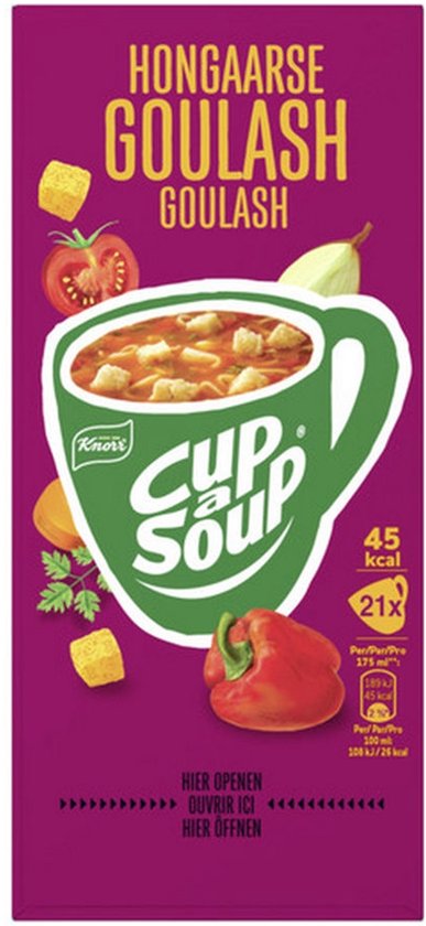 Paarse doos Knorr Cup-a-Soup Hongaarse Goulash met afbeelding van tomaten, paprika en croutons, bevat 21 porties.