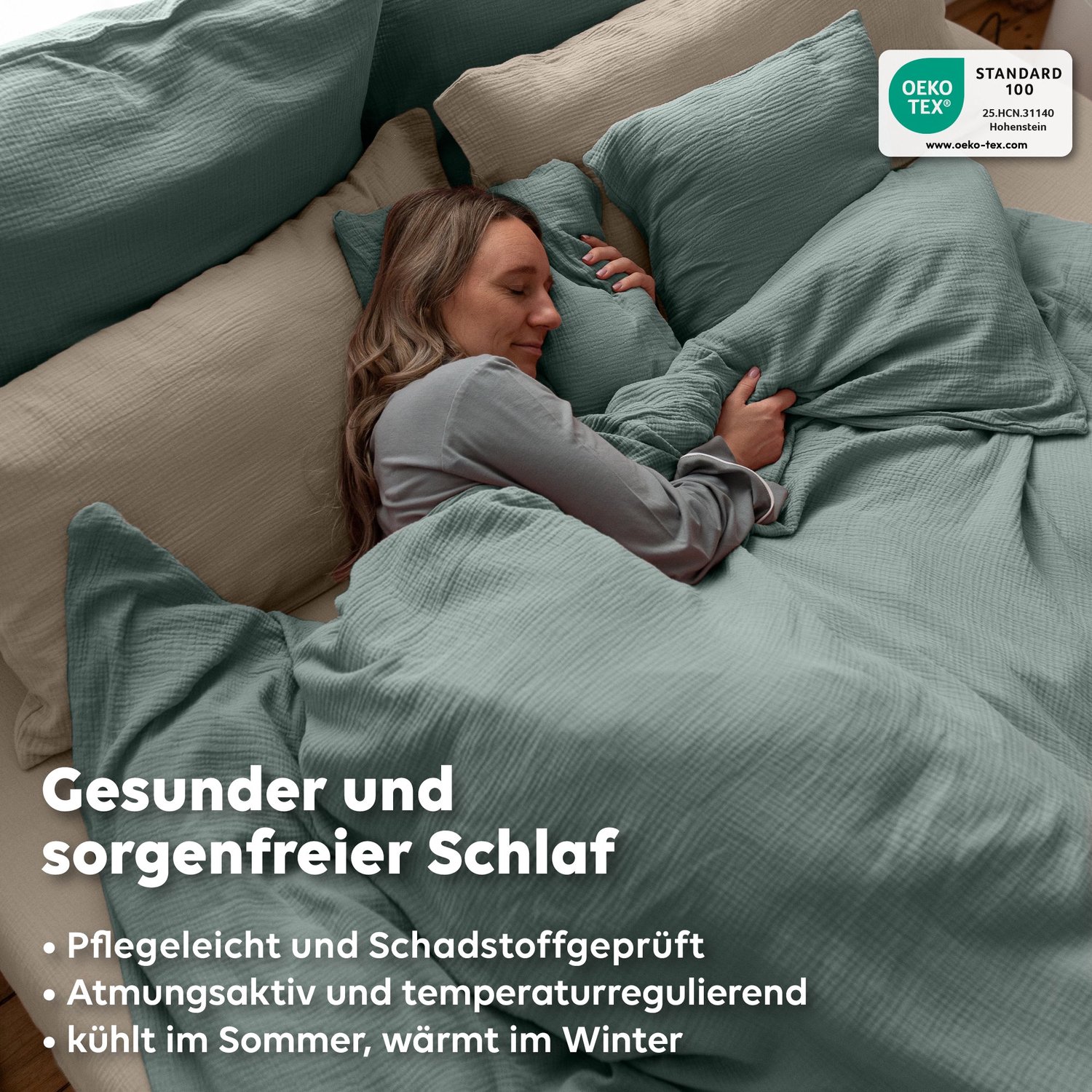 LILIMAUS Dekbedovertrek 200 x 220 cm met 2 kussenslopen 80 x 80 cm - mousseline katoen - groen