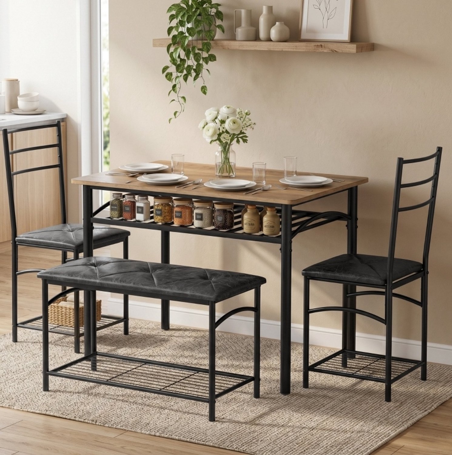 CHICFURN Eettafel - 4 personen - opbergruimte - 4-delige set - bruin Rustiek bruin