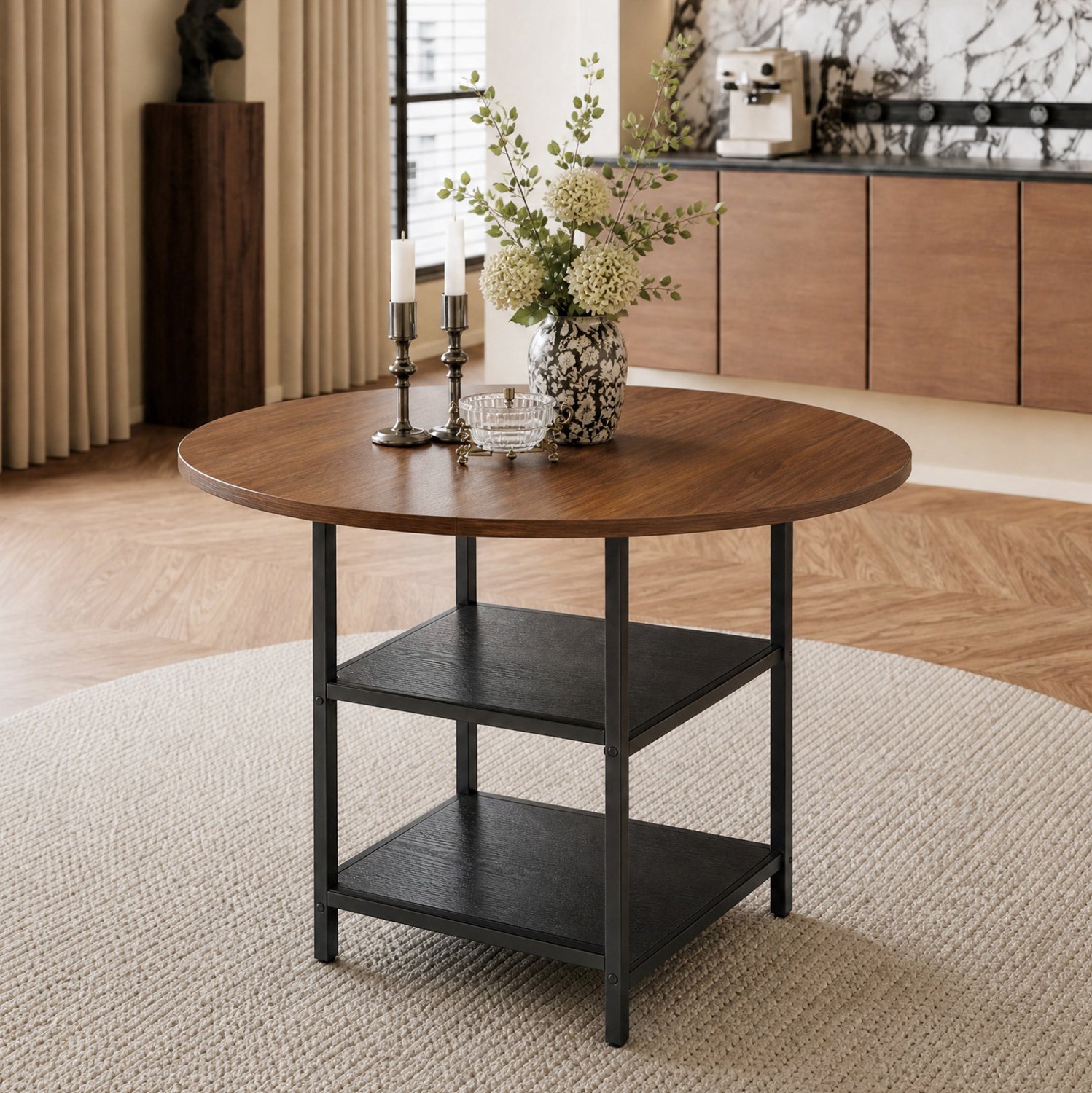CHICFURN Eettafel - 2-4 personen - 2 open opbergplanken - rond - zwart walnoot