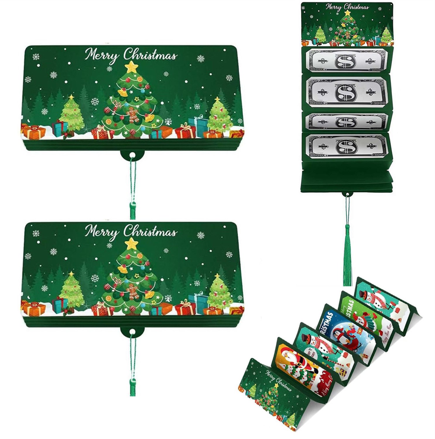 2 stuks Kerstgeld cadeau envelop, kerst verrassingsgeldhouder met 10 compartimenten, Kerstman geldclip, doe-het-zelf kerstcadeaus met contant geld voor familie en vrienden - Groen