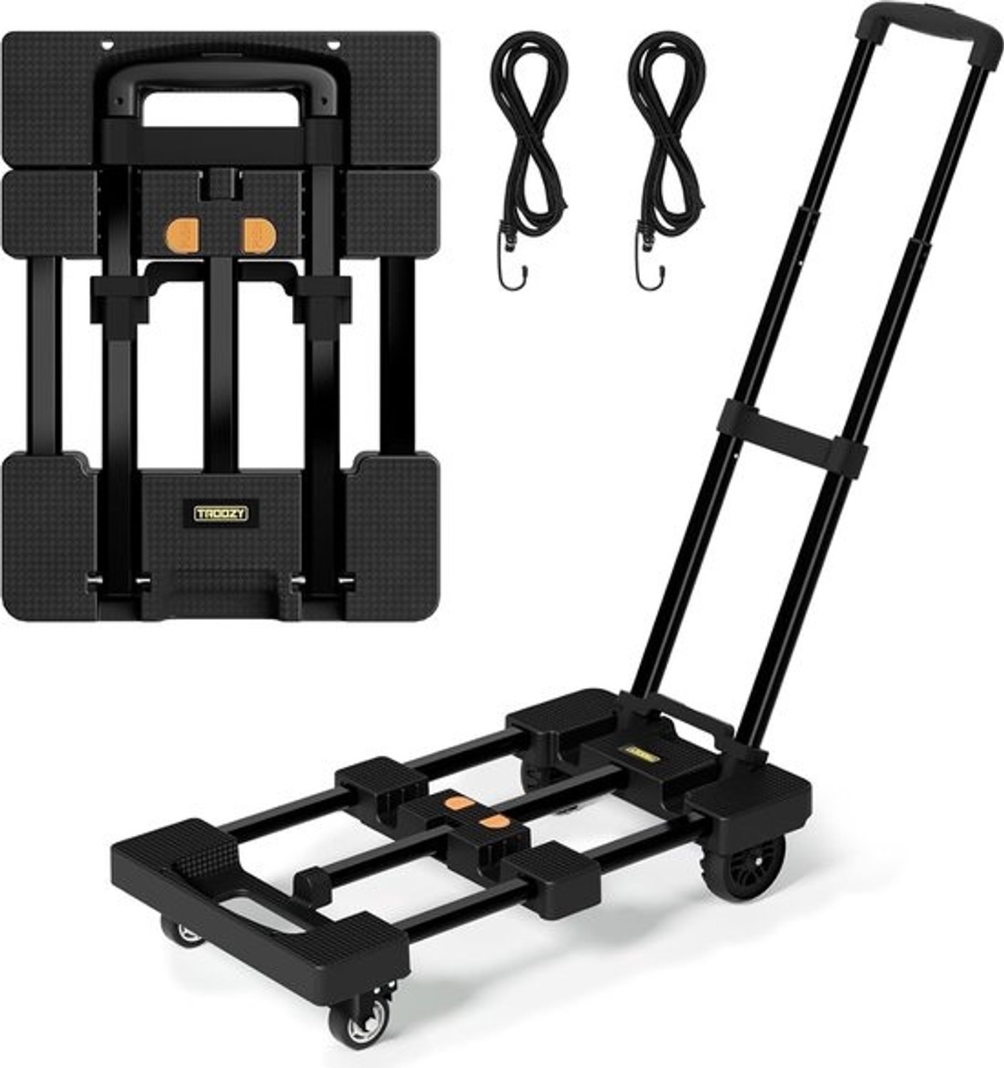 SnelShoppen - Opvouwbare handtruck met 6 wielen - 2 met rem - 2 elastische straps - 500lbs trolley voor verhuizen, bagage en tuinplanten,