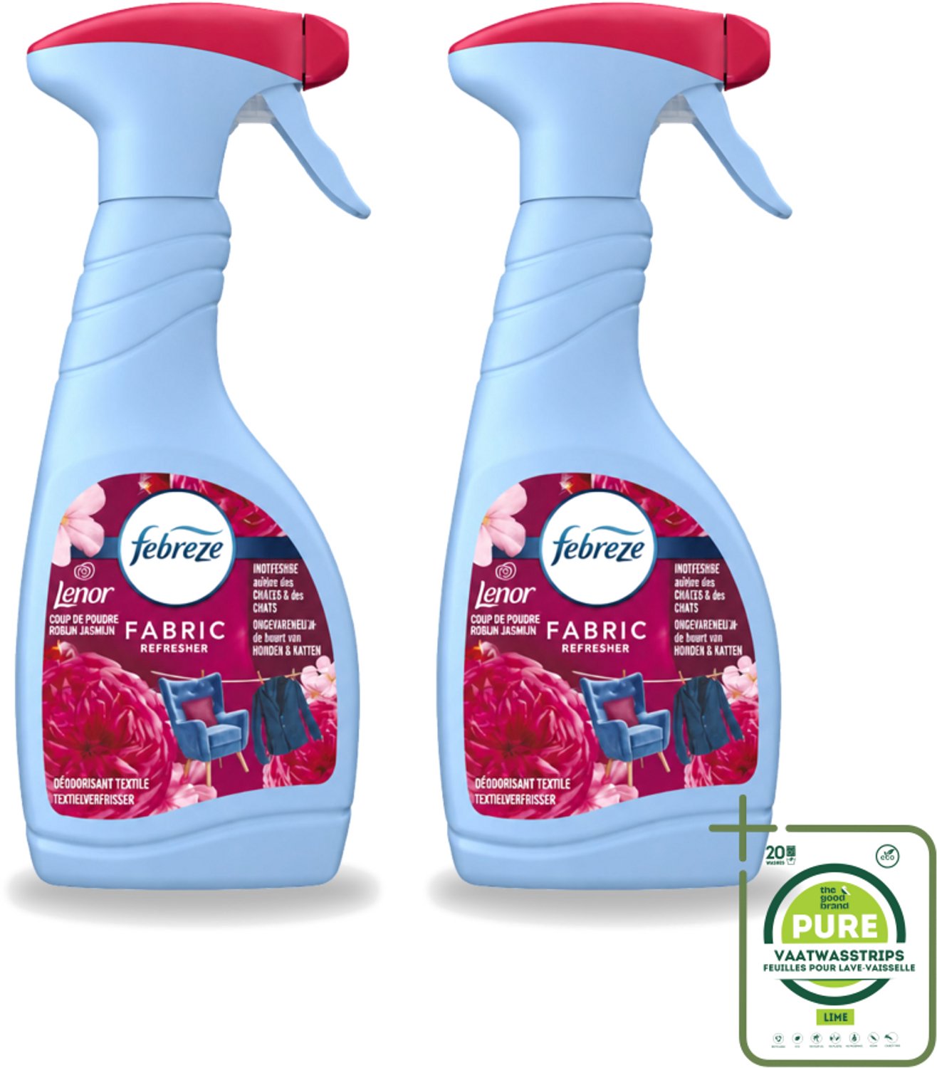 2 x Febreze – Textielspray – Robijn Jasmijn – 500 ml - Grootverpakking - Vaatwasstrips - Textielverfrisser - Textielgeur - Geurverwijdering - Jasmijngeur - Robijngeur