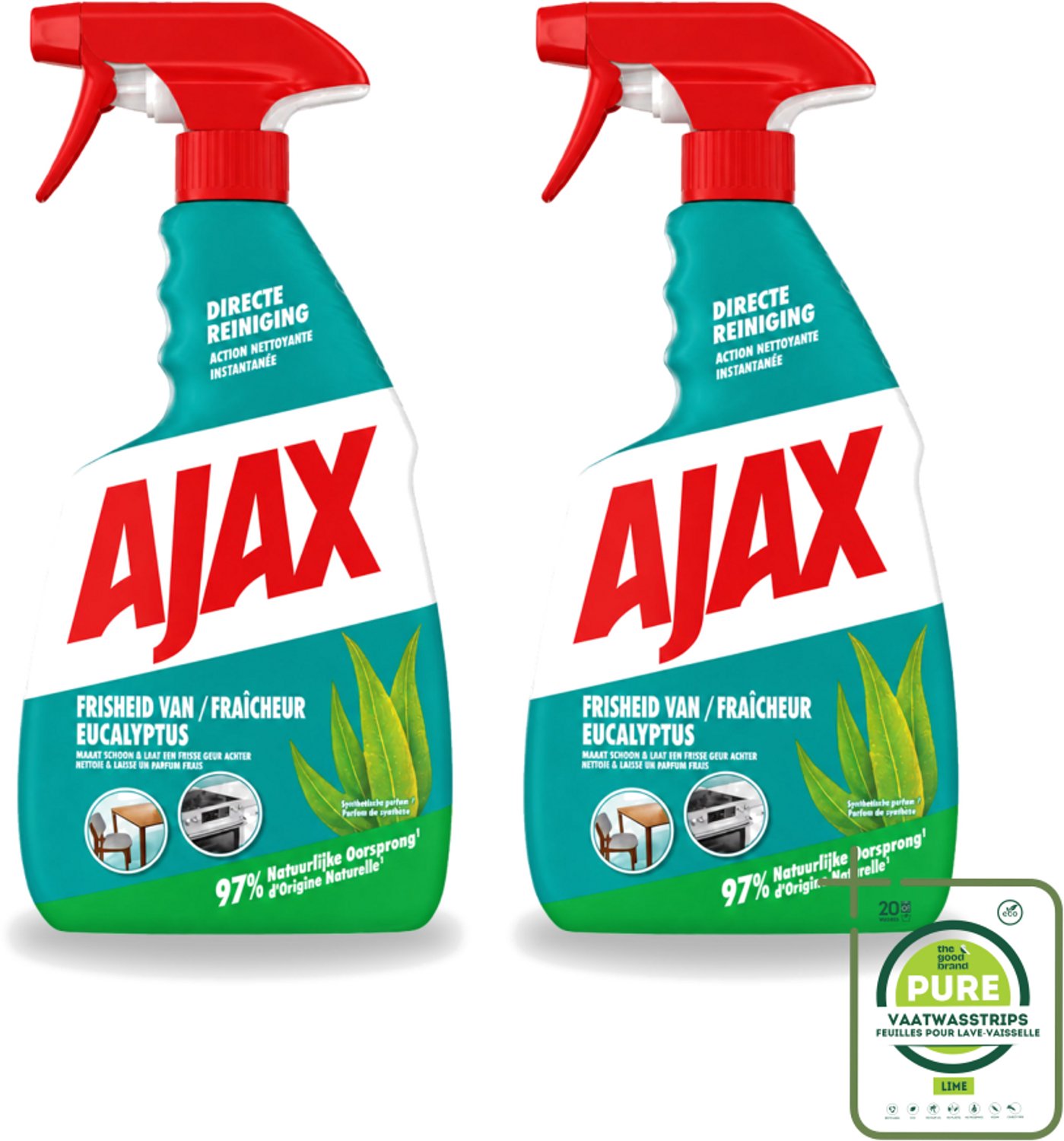 2 x Ajax – Multi-Purpose Spray – Eucalyptus – 750 ml - Grootverpakking - Vaatwasstrips - Schoonmaak Spray - Eucalyptus Reiniger - Allesreiniger - Krachtige Reiniger - Multi-purpose Spray