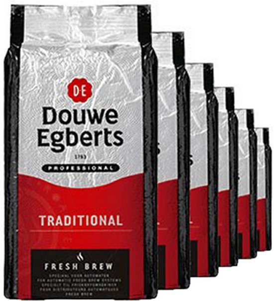Zes verpakkingen Douwe Egberts Professional Traditional Fresh Brew koffie, zilver en rood design.