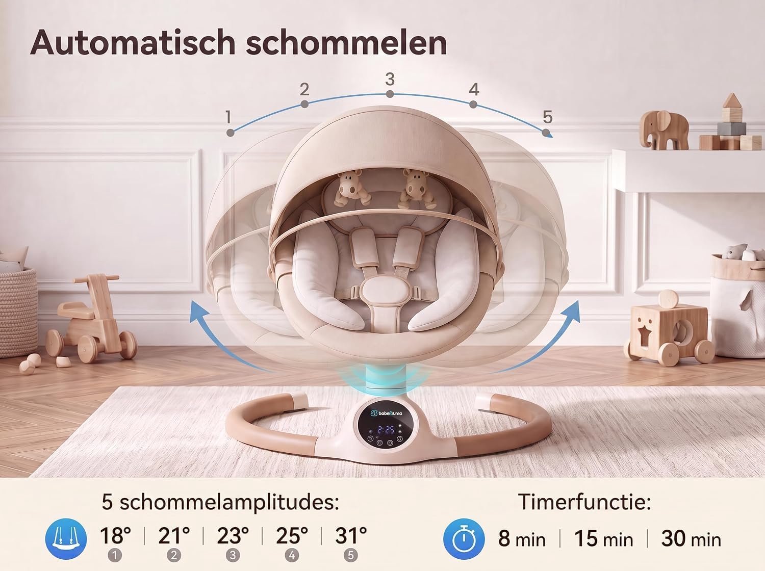 BEBE2LUXE ALPHA Elektrische Babyschommel en Wipstoel, Bluetooth-compatibel, draagbare rustgevende babystoel met schommelbewegingen en ingebouwde geluiden (bruin) – foto 2