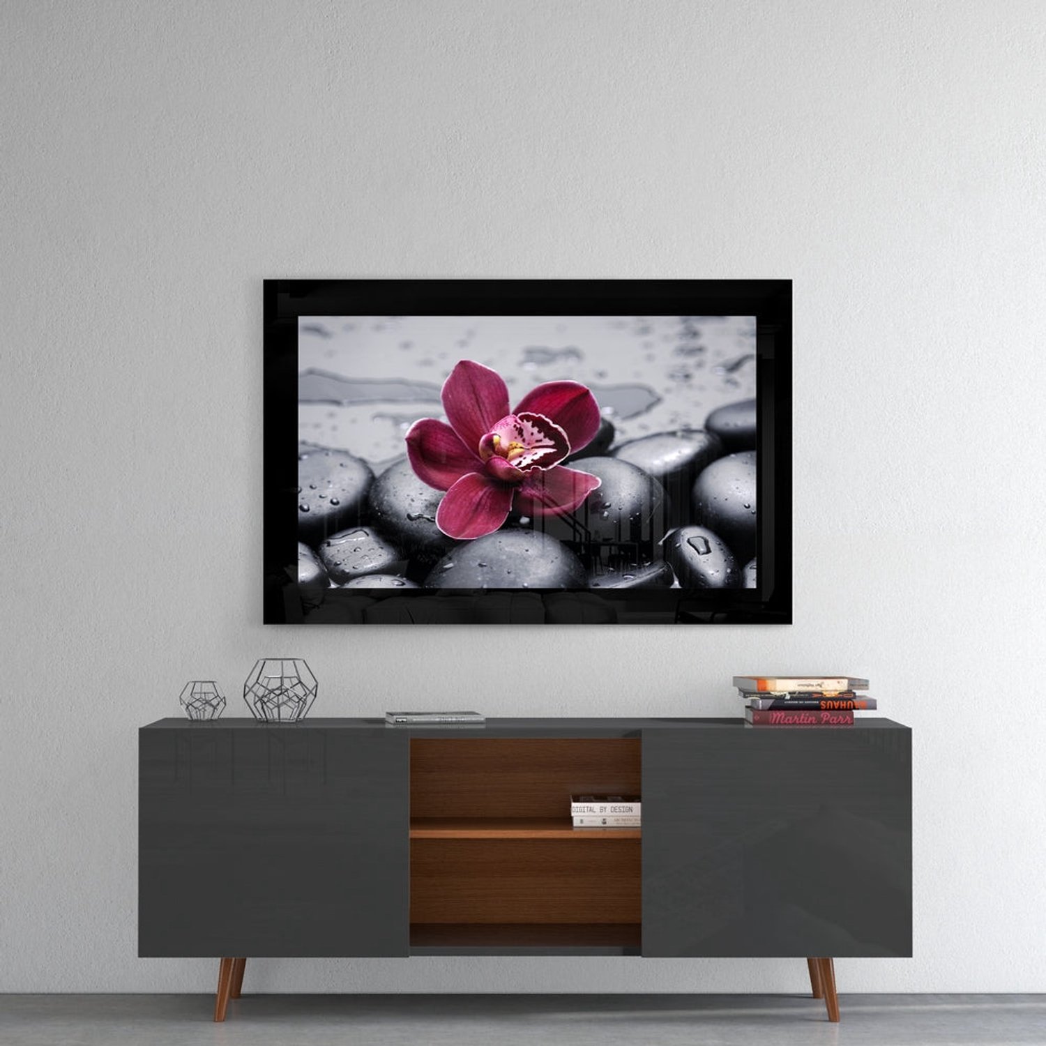 Glasschilderij – Bordeauxrode Orchidee met Grijze Spastenen – Moderne Kunstdecoratie
