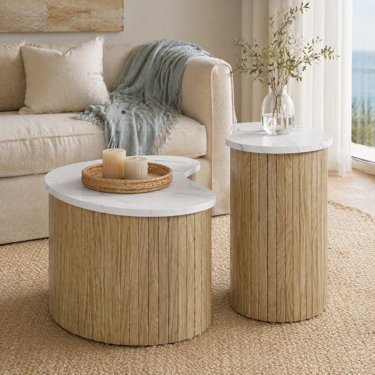 CHICFURN Salontafel 60 cm - Set van 2 - Combineerbaar - 2 tafels - Woonkamer - MDF - Naturel en wit