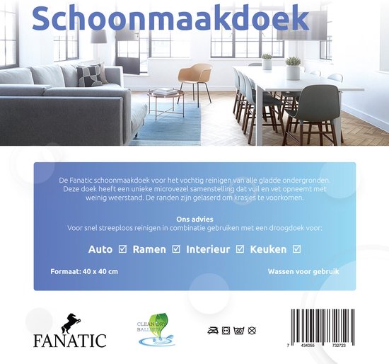 Informatieposter voor een beige schoonmaakdoek 40 x 40 cm van het merk Fanatic.