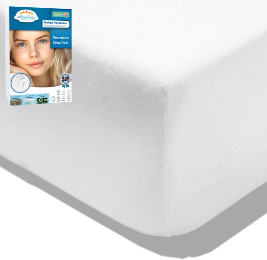 Wit molton hoeslaken met aan de zijkant een poster van een vrouw en details over kwaliteit, duurzaamheid en hypoallergeen.