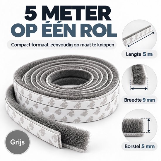 Grijze tochtstrip van 5 meter lang, 9 mm breed en 5 mm borstelhoogte.