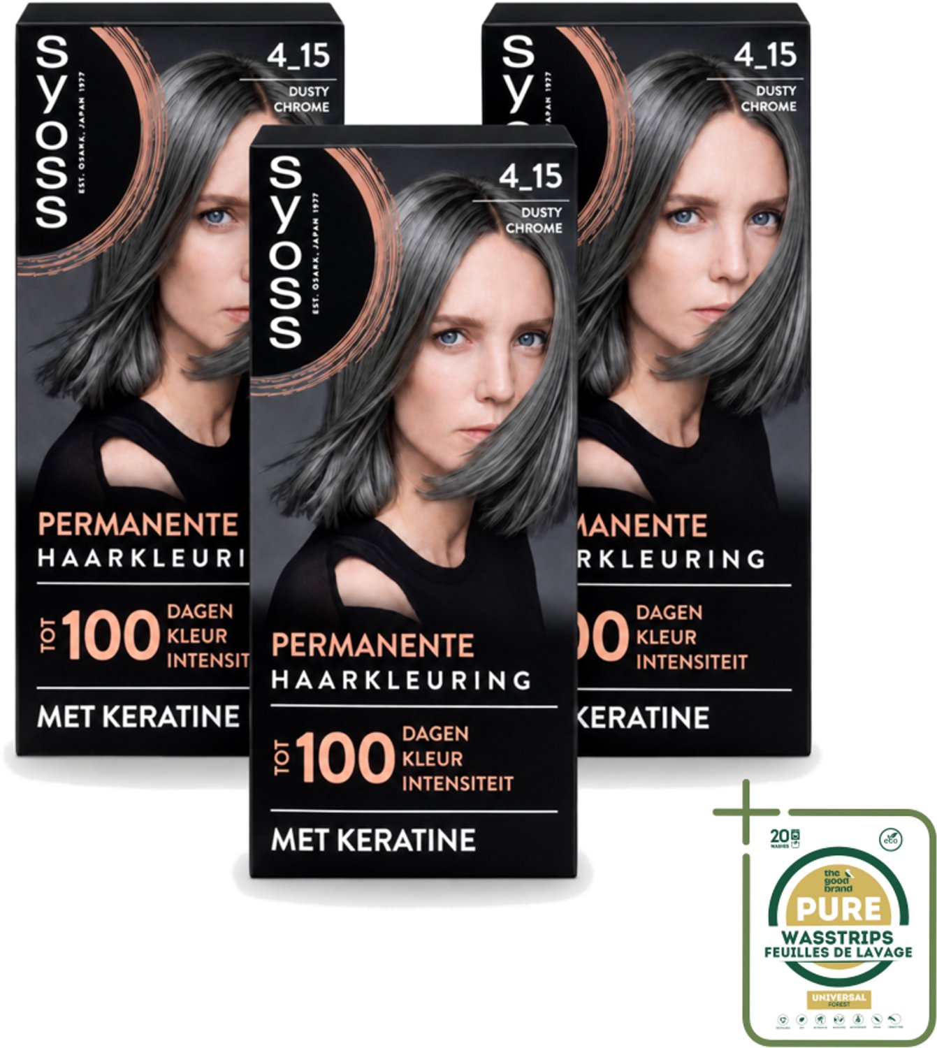 3 x SYOSS - Coloration 4-15 Dusty Chrome - Haarverf - Grijsdekking - Vermindert Haarbreuk - Wasstrips - Haarverf - Haarkleur - Grijsdekking - Keratine - Haarverf Permanent