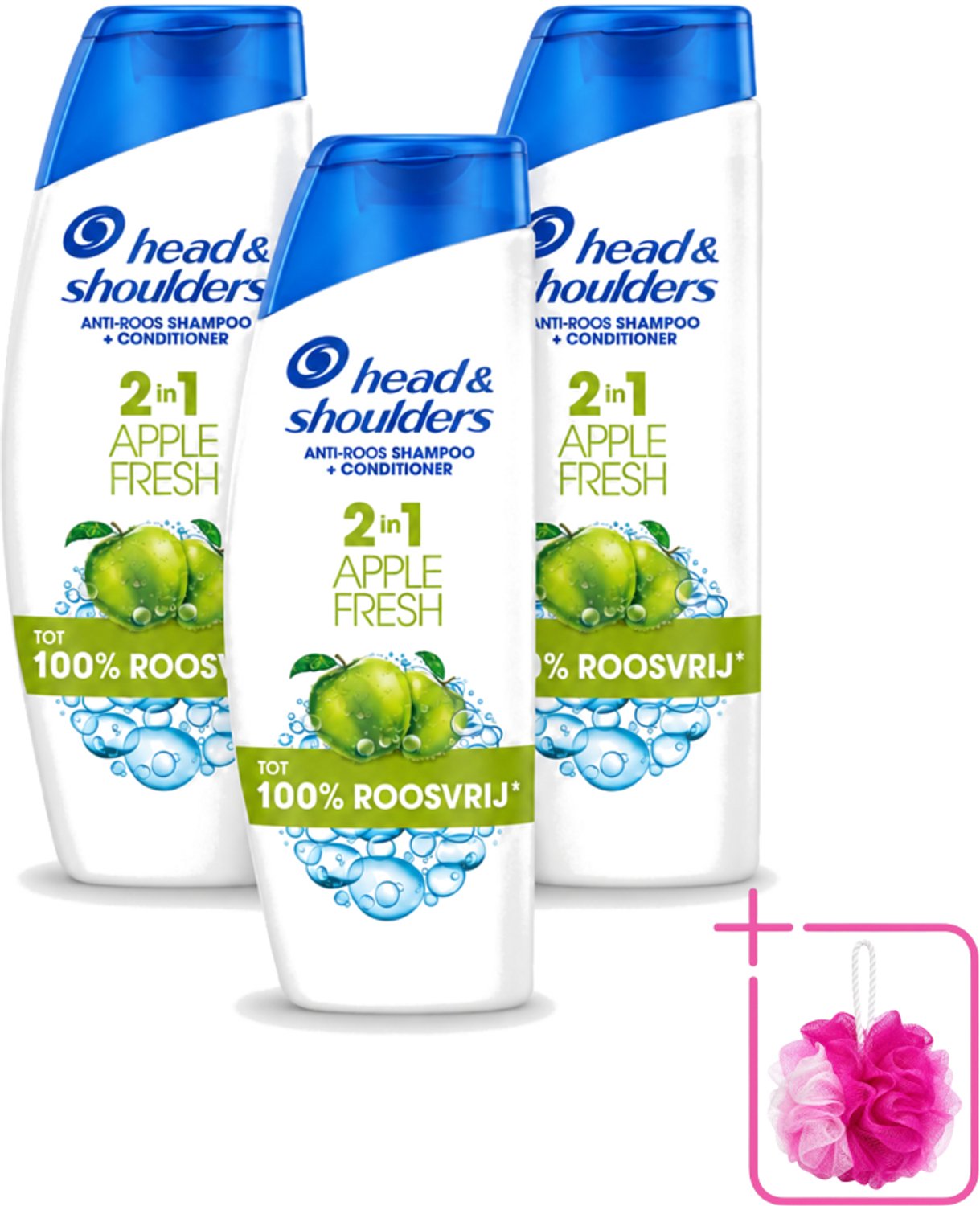 3 x Head & Shoulders - Shampoo - 2-in-1 - Apple Fresh - 100% Roosvrij - 300 ml - Bulkverpakking - Anti-roos shampoo - Douchemop - Hoofdproblemen