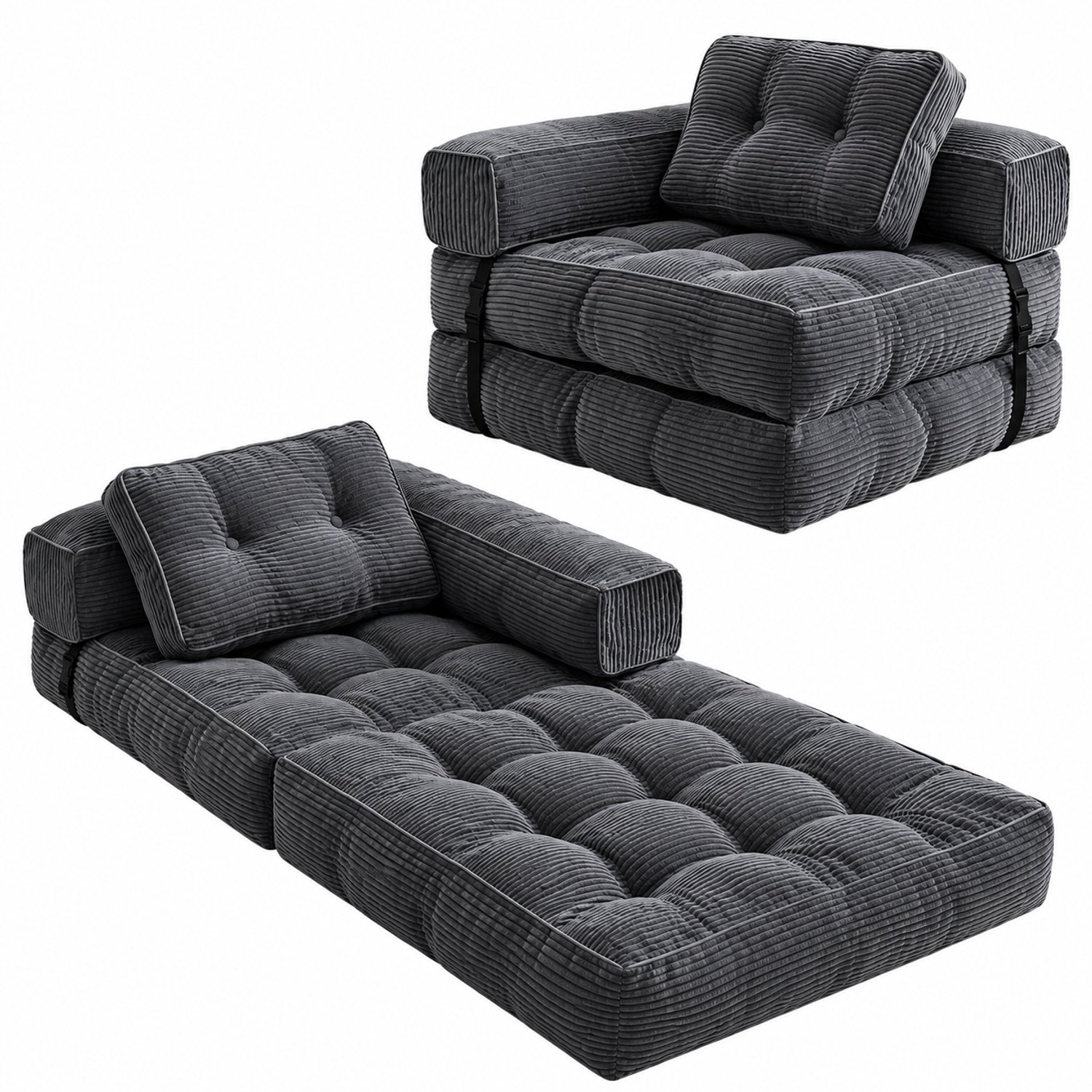 Tremeo 2-in-1 Slaapbank - Antraciet - Inklapbaar Bed - Zacht ribfluweel - Slaapfauteuil - Royale schuimvulling - Slaapstoel - Fauteuil