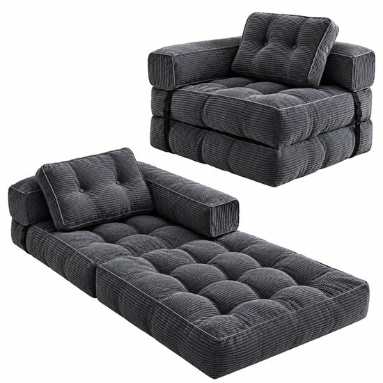 Twee weergaven van een donkergrijze slaapfauteuil: één in zitpositie en één uitgeklapt als een eenpersoonsbed.