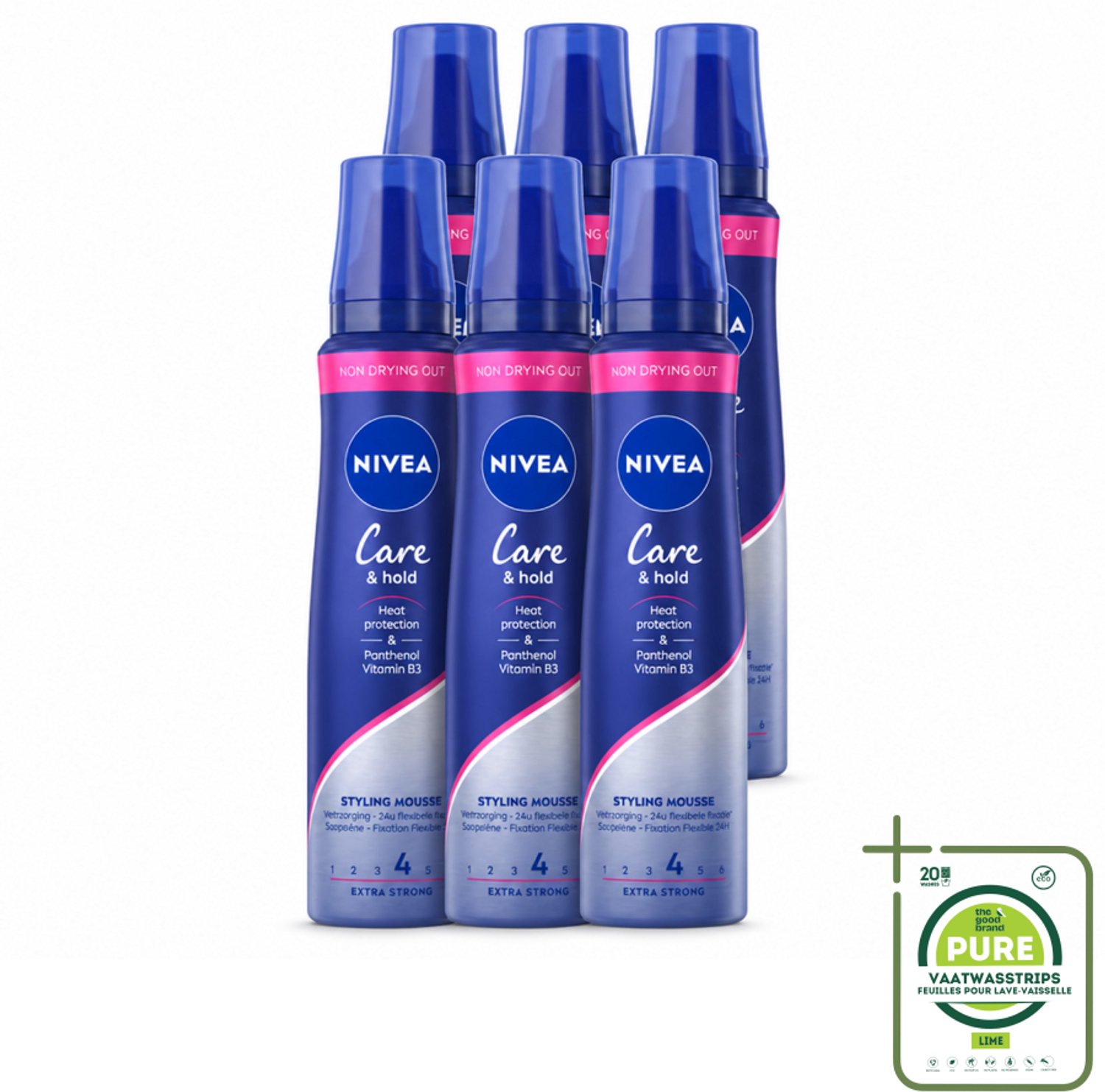 6 x NIVEA - Stylingschuim - Verzorging & Stevigheid - Hittebescherming - 150 ml - Grootverpakking - Vaatwasstrips - Haarverzorging - Stylingmousse - 24-uurs Fixatie - Hittebescherming - Haarstructuur