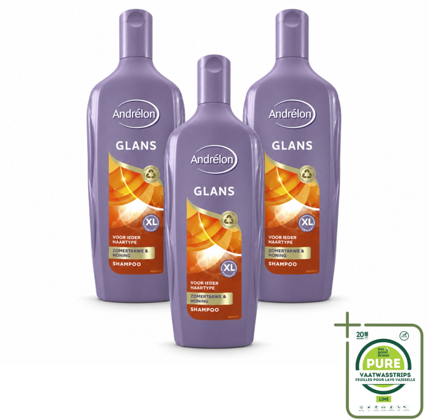 3 x Andrélon - Glans - Shampoo - 450 ml - Grootverpakking - Vaatwasstrips - Glans Haar - Natuurlijke Glans - Zomertarwe Shampoo - Honing Shampoo - Gezond Haar