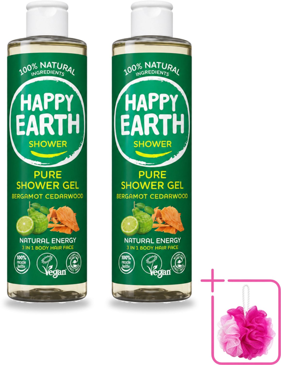 2 x Happy Earth – Douchegel – 100% Natuurlijk Bergamot Cedarwood – 300 ml - Bulkverpakking - Douchegel bergamot cederhout - Douchemop - Natuurlijke douchegel