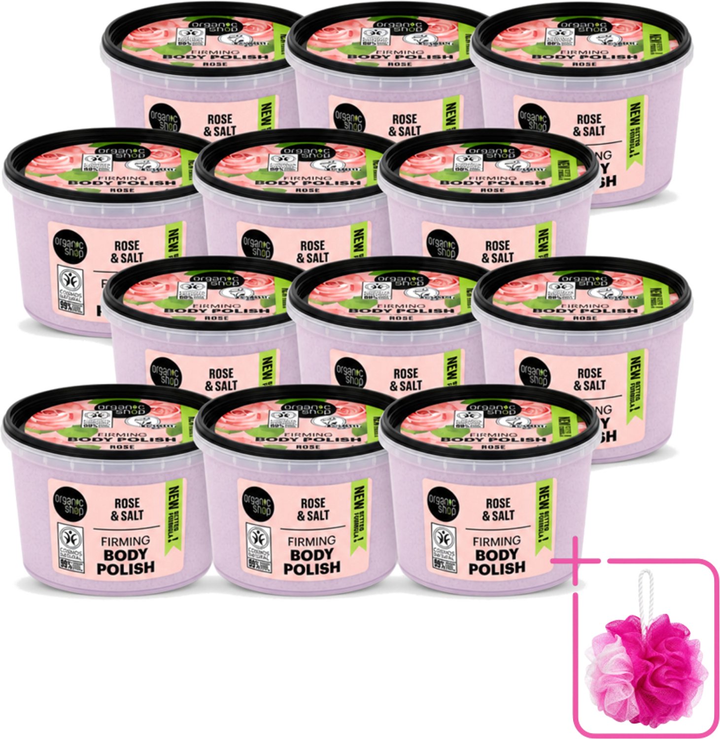 12 x Organic Shop - Body Scrub Rose - Hydraterend en Verzorgend - 250 ml - Bulkverpakking - Bodyscrub - Douchemop - Huidverzorging