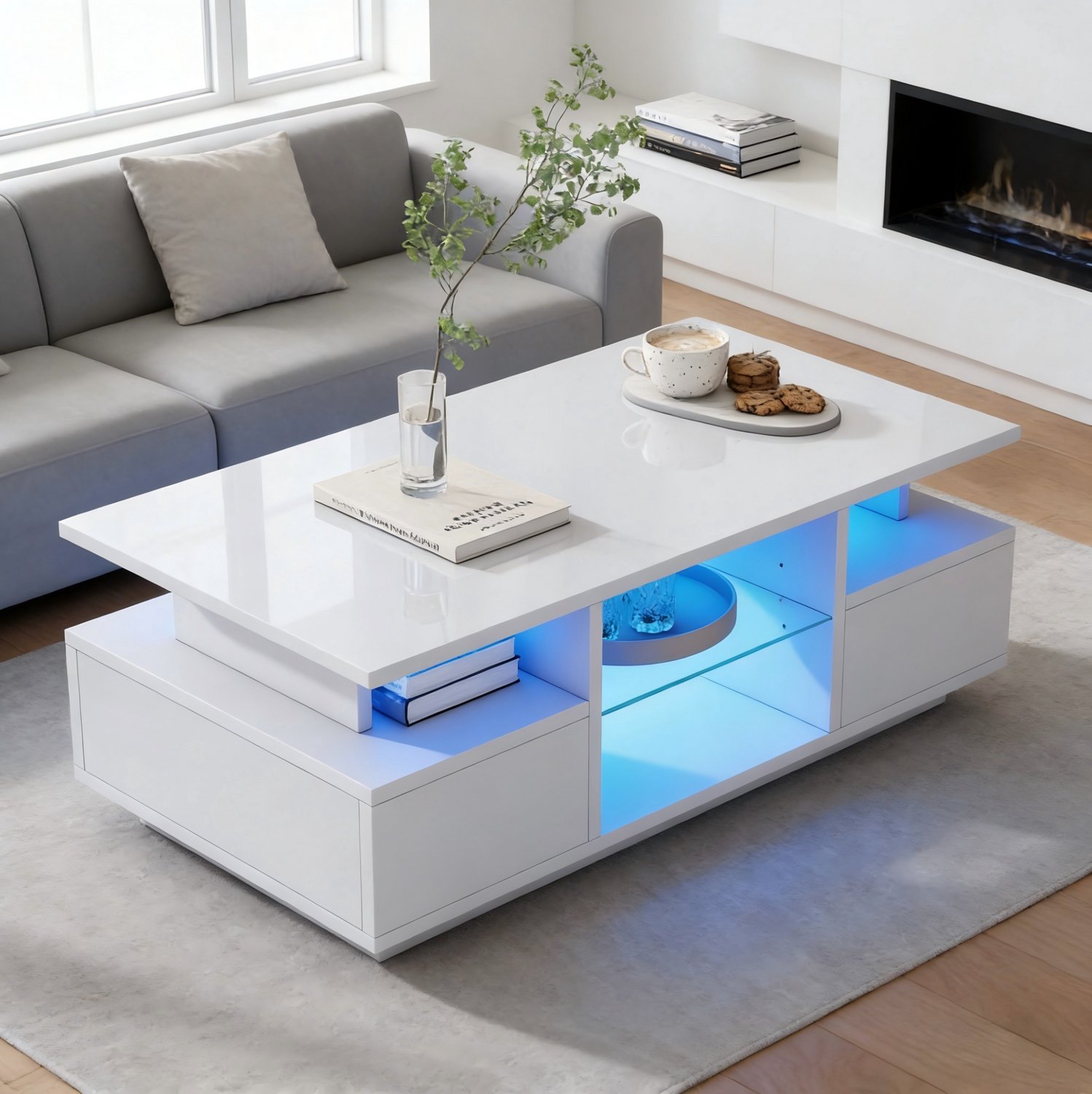 CHICFURN Salontafel - LED-verlichting - 2 lades - open vakken - wit