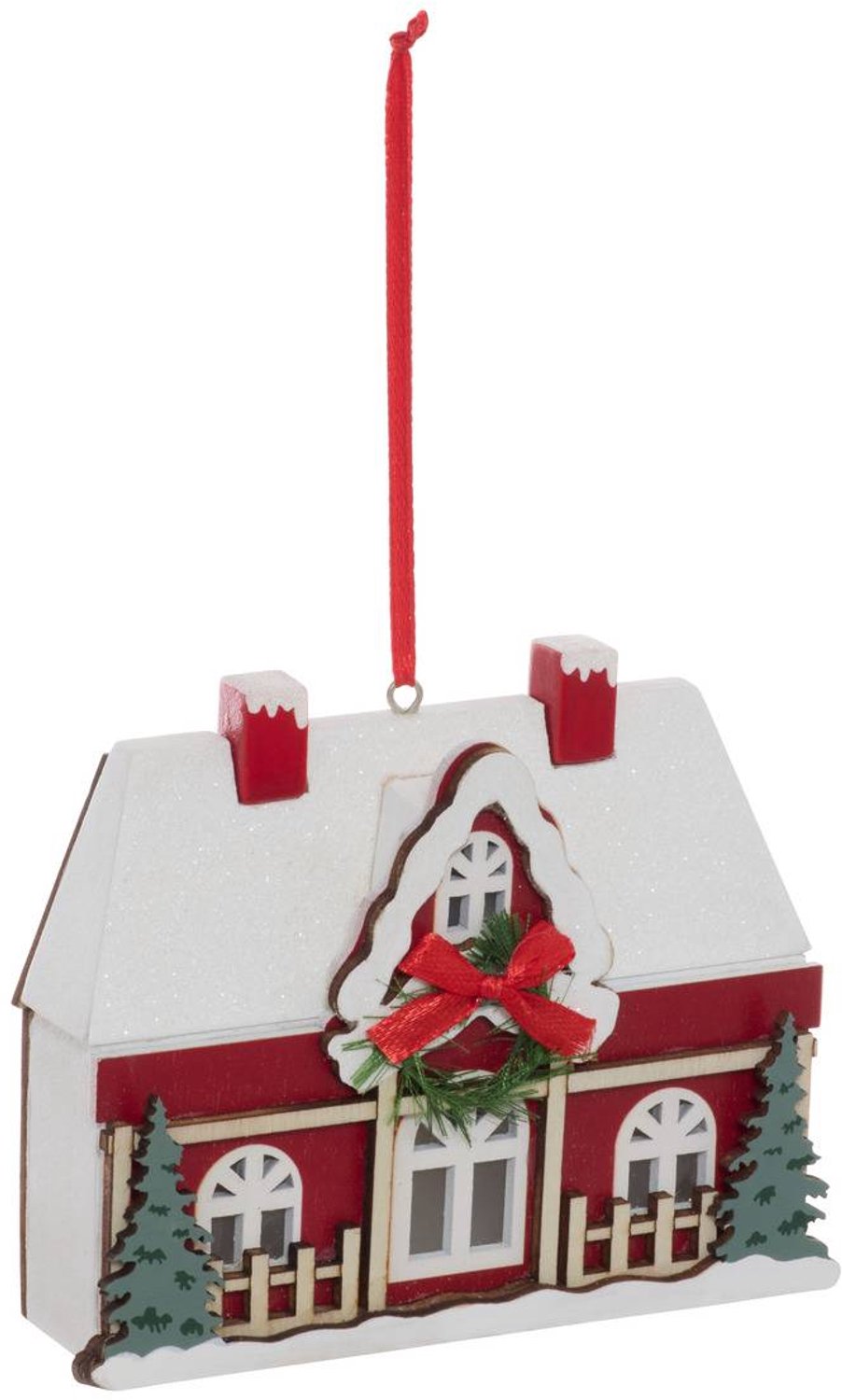 Feeric lights & Christmas Verlichte dennenboomhanger in de vorm van een rood-wit houten chalet, 12 cm Rouge