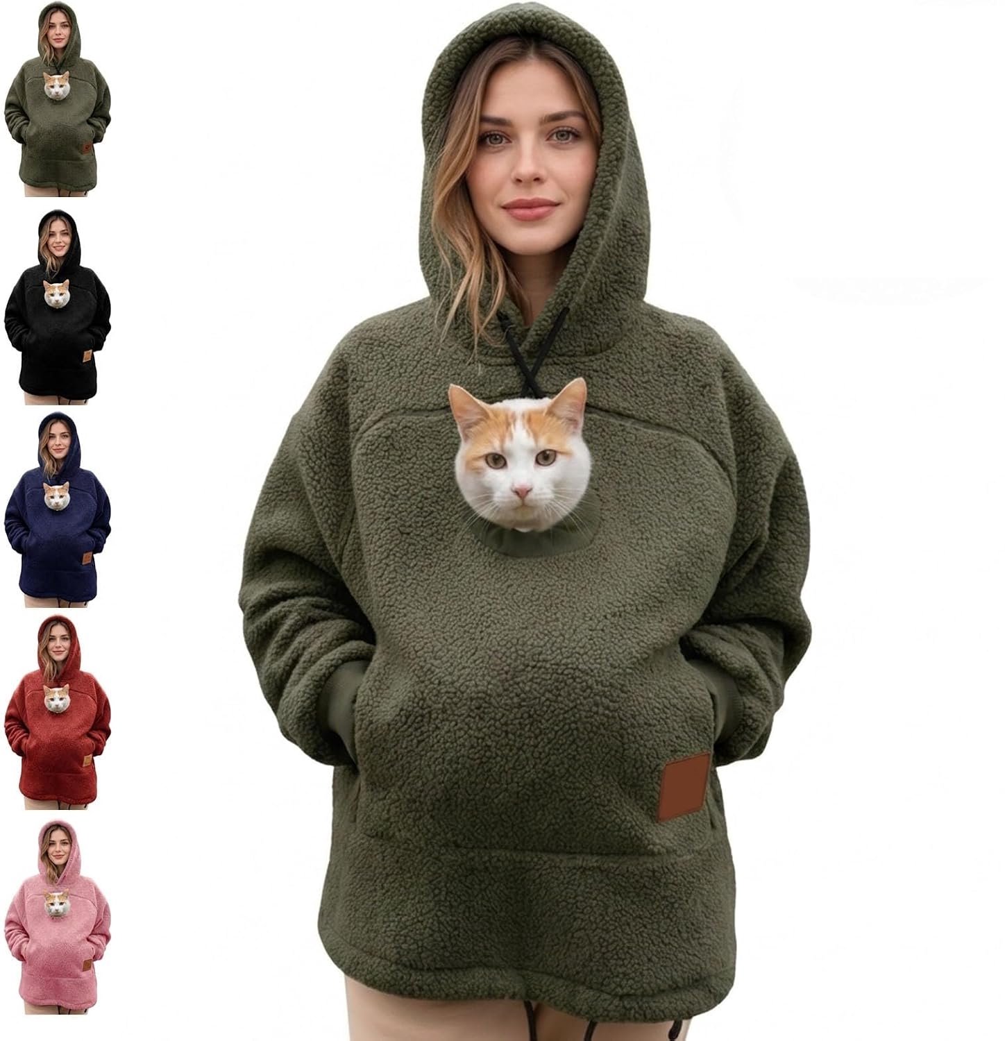 Casalora – Draagtas voor huisdieren – Draaghoodie voor huisdieren – Hoodie-ontwerp – Zacht fleece – Geschikt voor katten en kleine honden – Ritsontwerp – Warmtezak voor de handen – Losse pasvorm – Unisex – Warm en casual Groen