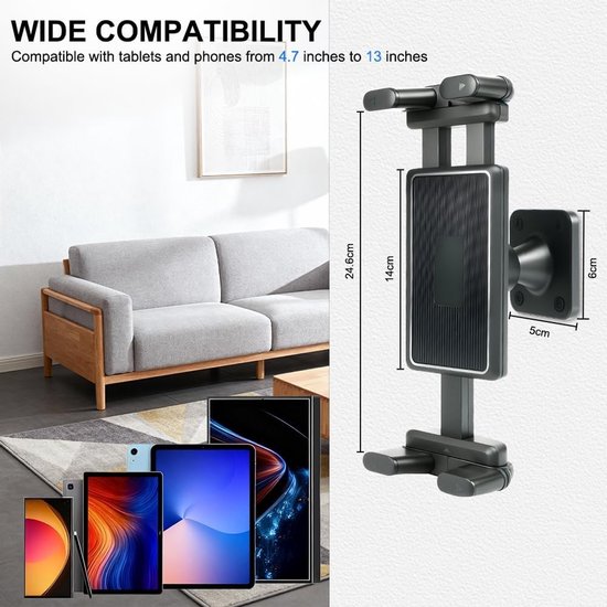Tablet Wandhouder van Aluminium, 360° Rotatable en Verstelbare Tabletstand voor Bed, Geschikt voor iPad Air/Mini en Samsung Galaxy 4.7"-12.9 — afbeelding 5