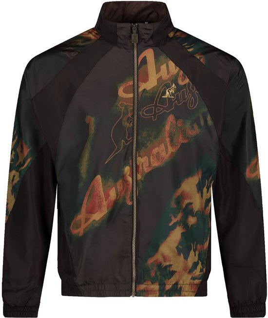 Zwart sportjack met ritssluiting, gouden 'Australian' tekst, kangoeroelogo en camouflage-details.