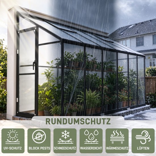 Kas met 'Rondom bescherming' tekst en iconen voor UV, plagen, sneeuw, water en warmte.