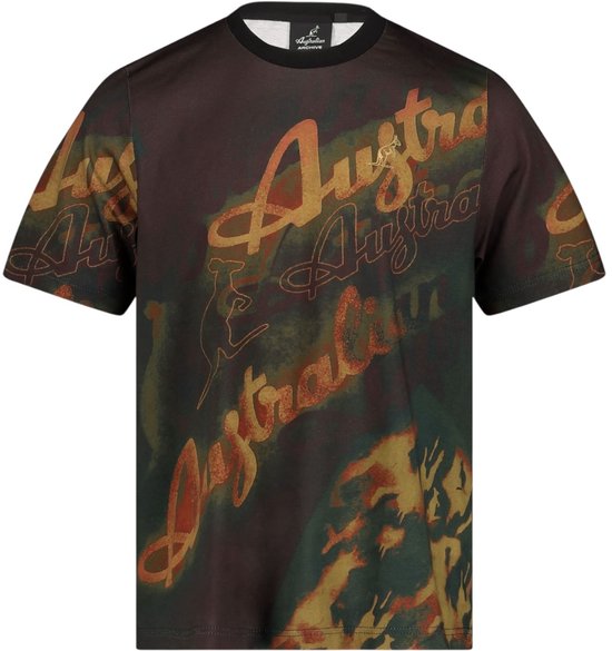 Bruin Australisch T-shirt met rode belettering, kangoeroe-graphic en ronde hals.