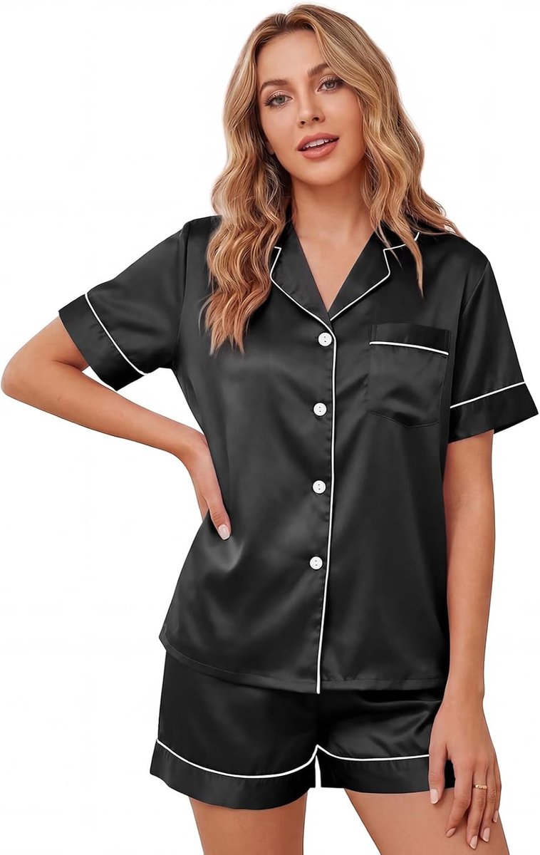 Pyjama voor dames, satijn, pyjamaset, kort, tweedelig, zomer, met knoopsluiting