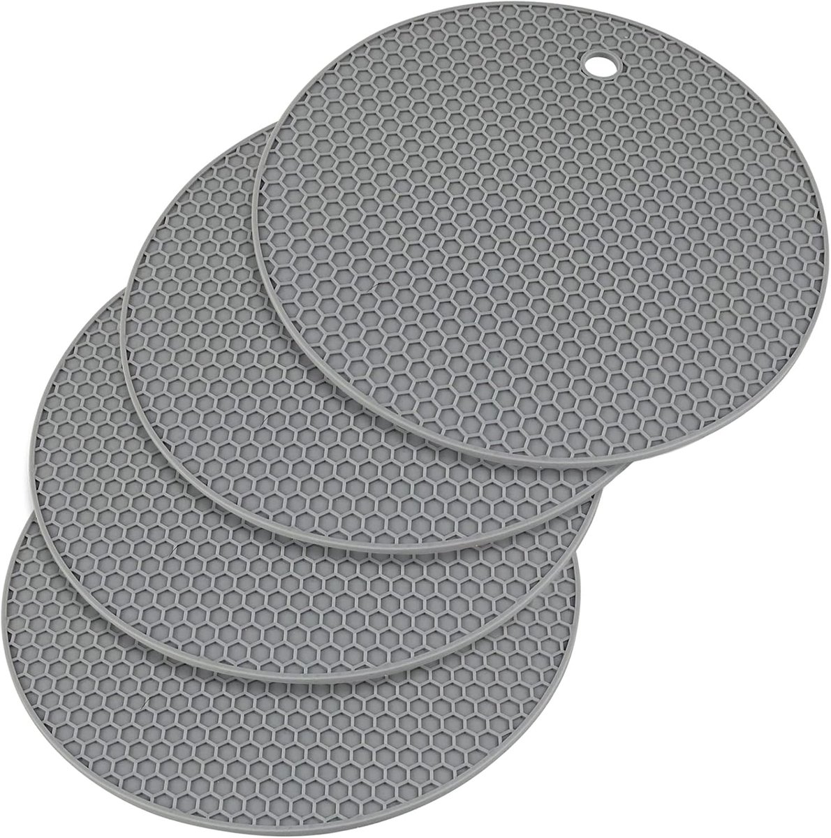 Set van 4 siliconen onderzetters, antislip, duurzaam, waterdicht en slipvast, geschikt voor pannen, koekenpannen, theepotten en kommen (grijs)