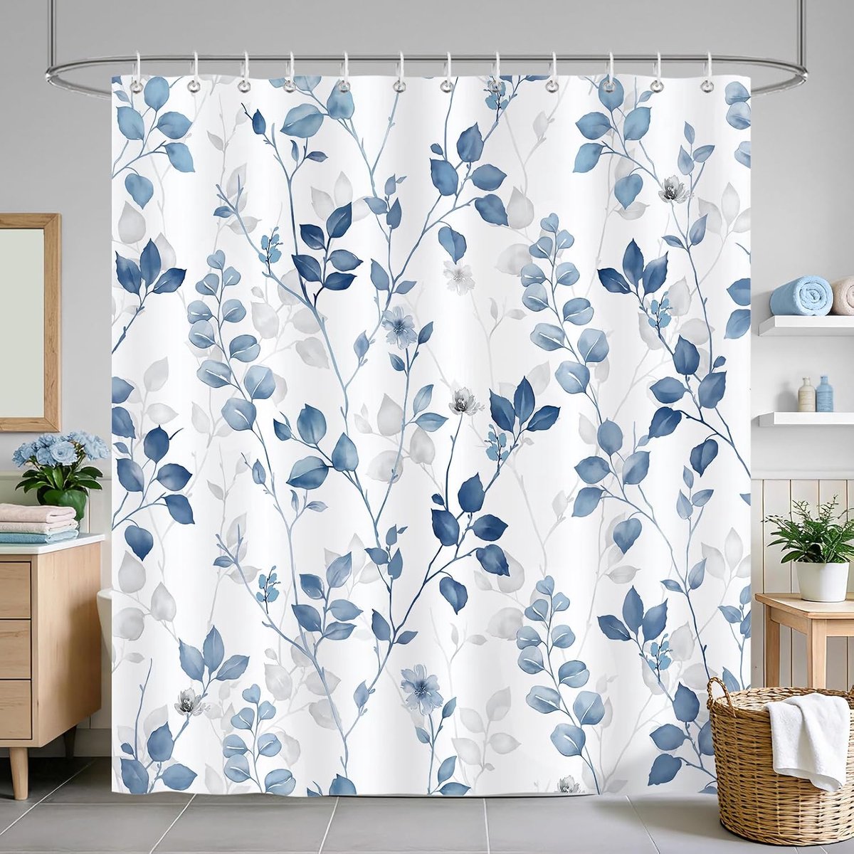 Douchegordijn met blauwe bladeren, aquarel, eucalyptusblad, bloemen, botanische plant, badkamer, gordijn, 180 x 180 cm, waterafstotend, schimmelbestendig polyester met 12 haken
