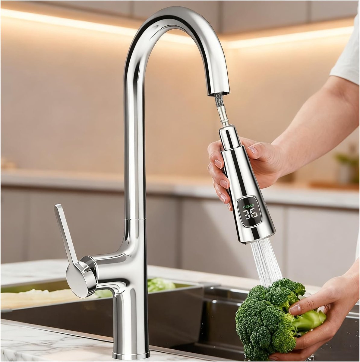 Waterkraan voor de keuken met led-temperatuurweergave met sproeier, uittrekbaar, 360 graden draaibaar, wastafelarmatuur met twee waterstraalsoorten, eengreepsmengkraan, hogedruk wastafelarmatuur