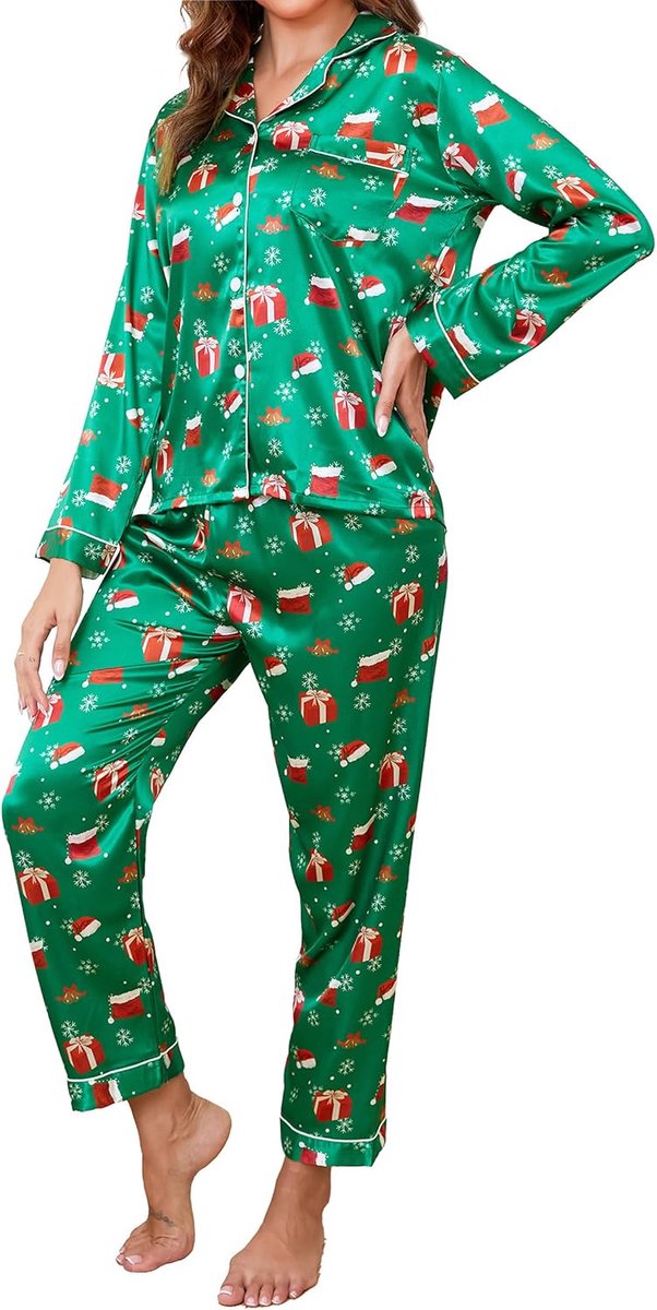 Damespyjama van zijde, 2-delige satijnen pyjama's met lange mouwen en knopen en bijpassende broek, lichte en ademende nachtkleding voor dames voor thuis