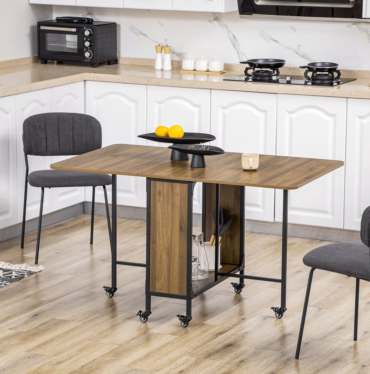 STILVORA Eettafel - Opklapbaar En Mobiel Voor 6 Personen - Met Opbergruimte En Wielen - Spaanplaat - 130x80x74 Cm - Lichtbruin